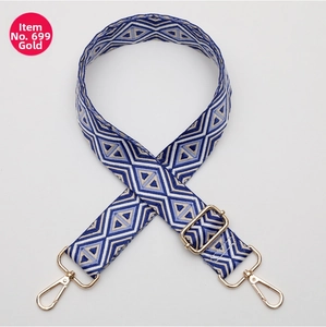 Detail view of adjustable geometric diamond pattern bag strap with gold metal hardware