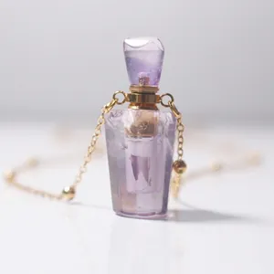 Faceted natural amethyst perfume bottle pendant with 18K gold chain necklace for women