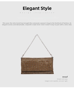Detail showing the detachable metal snake chain on a golden rhinestone evening clutch