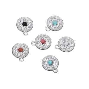 Bohemian round compass pendants in 18K gold plated stainless steel with natural stones