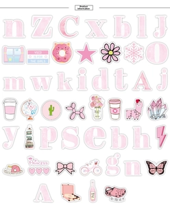 Macro display of pink VSCO stickers featuring watercolor donuts, stars, and cartoon icons