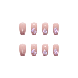 Short ballet glitter press-on nails with pink gradient and purple iridescent shell stones