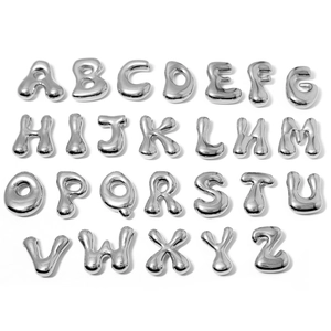 Detailed macro shot of 26 metallic 3D bubble style alphabet pendants in polished silver finish