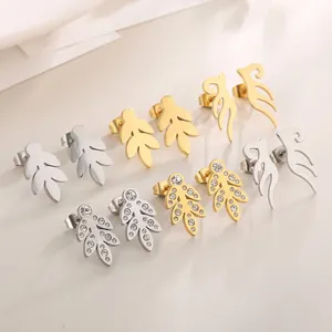 Stainless Steel Leaf Flame Stud Earrings Minimalist Rhinestone Inlaid Aesthetic Elegant Jewelry For Women