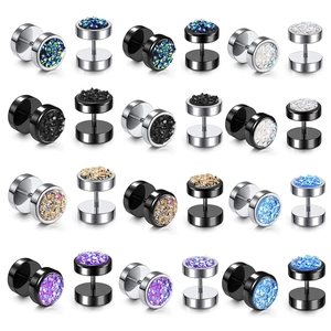 Set of stainless steel dumbbell earrings with colorful crystal stones in silver and black metal
