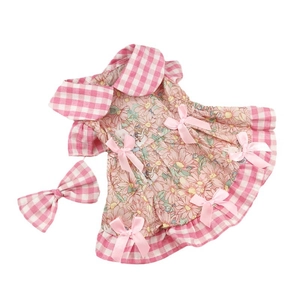 Lolita style pink plaid floral pet dress with bow accents and matching headband