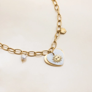 18K gold stainless steel heart necklace with sun eye relief, white shell and pearl
