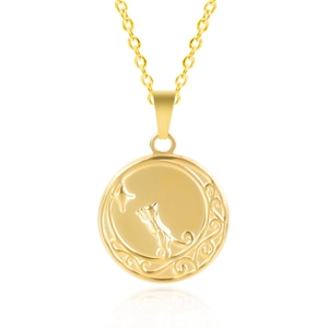 Detail of 18k gold plated cat star moon relief pendant on an O-chain necklace