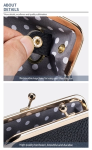 Detail showing the removable keychain and high-quality gold hardware of the mini leather pouch