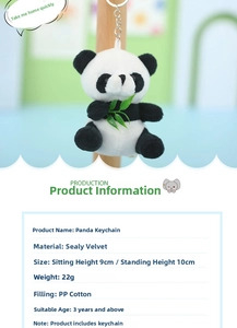 Detail of plush panda keychain with bamboo leaf made of soft velvet and PP cotton filling