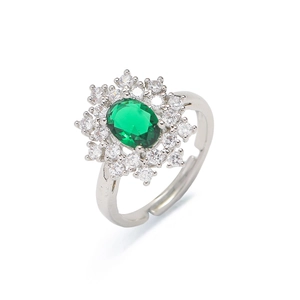 Elegant emerald green oval stone cluster ring with adjustable silver-tone open band