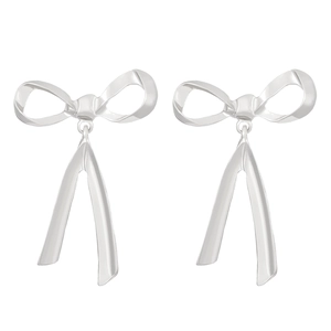 Elegant polished silver metal bow earrings with long dangling ribbons on white background