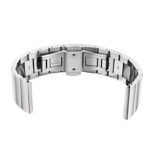 Detail of silver stainless steel watch strap showing folding clasp and removal arrows