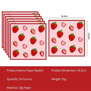 Set of 24 strawberry print party napkins made of 18g paper for theme decorations