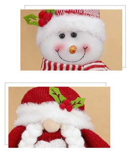 Detail of Christmas snowman and gnome plush dolls with knit hats and berry accents