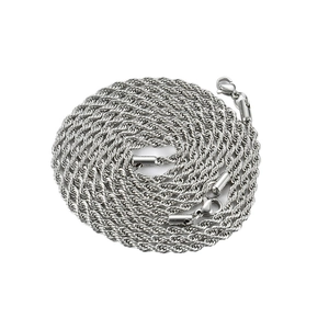 Close-up of a silver stainless steel rope chain showing twisted links and lobster clasp