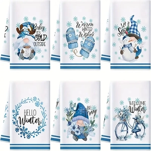 Set of six microfiber Christmas kitchen towels with winter gnome and snowman prints