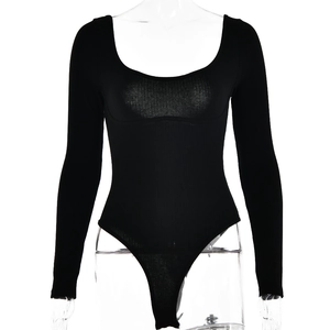 Close-up of black long sleeve ribbed bodysuit featuring a backless sexy slim fit design