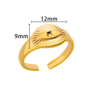 Macro shot of gold-plated evil eye ring showing 12mm width and 9mm height dimensions