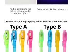 Detail of magic invisible ink pens showing UV LED light on cap and dual pen styles