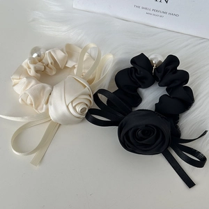 French vintage satin scrunchie set with large rose flower and pearl in beige and black