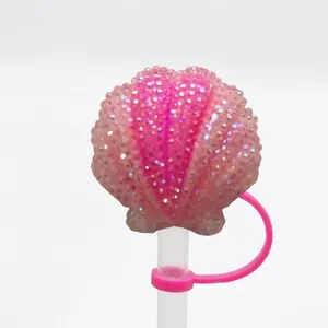 Pink shell straw cover cap with glitter for 10mm tumblers featuring silicone dust plug