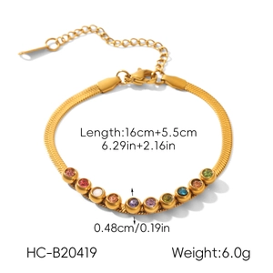 Detail of 18k gold plated bracelet showing 16cm length and multi-color zircon inlay