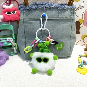 Détail d'un porte-clés peluche blanc avec chapeau vert et lunettes sur un sac en denim