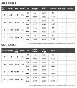 Detailed size chart for elegant women short sleeve shirt and straight pants set in CM and INCH