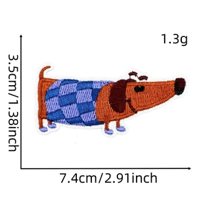Detailed embroidery patch of a dachshund puppy with dimensions 7.4cm by 3.5cm and 1.3g weight