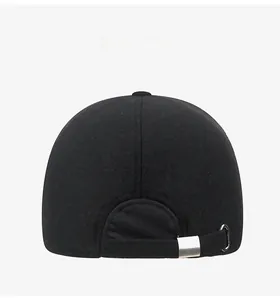 Rear view of wool baseball cap showing adjustable metal buckle and thick fabric texture