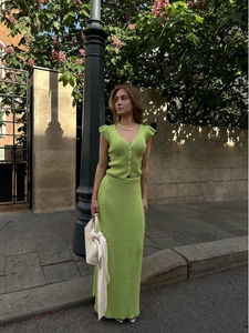 Fruit green knit two-piece set featuring V-neck short sleeve top and slim long skirt