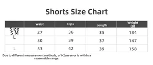 Detailed size chart for yoga shorts with waist, hip and length measurements in cm