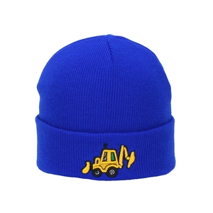Close-up of yellow excavator embroidery on dark blue knitted beanie for kids