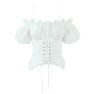 Top Dulce Francés Calado Bordado Hombros Descubiertos Manga Linterna Mujer Vintage Ajustado Cintura Estrecha Blusa Blanca