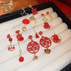 Red Chinese New Year Asymmetric Drop Earrings Alloy Enamel Lion Dance Fu Character With 925 Sterling Silver Earring Post