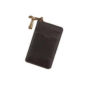 Retro black leather card holder with multiple slots and metal ring keychain on white background