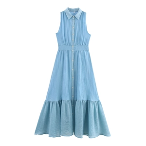 Women Sleeveless Shirt Maxi Dress Textured Polyester Lapel Button Down High Waist Spliced Ruffled Hem Elegant Casual