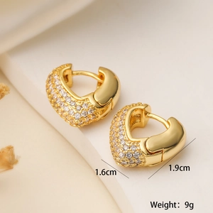 Detail showing dimensions of 18K gold plated heart earrings with white zircon accents