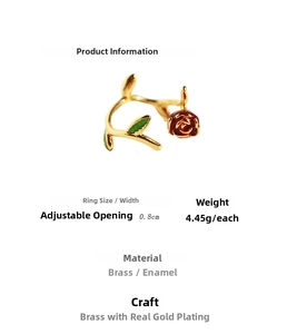 Detail of handmade enamel red rose ring in gold plated brass with adjustable opening