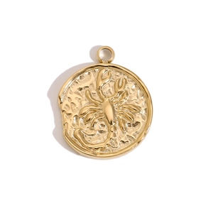 Vintage 14K gold plated stainless steel Scorpio constellation relief coin pendant