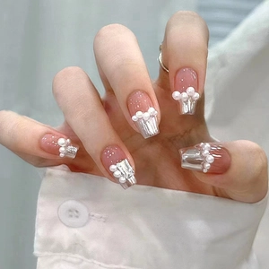 French Style Press On Nails Silver Mirror Tips Pink Base Artificial Pearl Rhinestone Elegant Long Square Artificial Nails