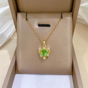 Green Heart Zircon Pendant Necklace With Stainless Steel Chain And Copper Micro-Set Zirconia Elegant Jewelry For Women
