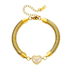 Golden stainless steel snake chain bracelet with pearl heart pendant and adjustable link