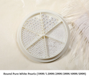 Mix of 1mm to 5mm round white pearls for nail art in a 6-grid circular storage case