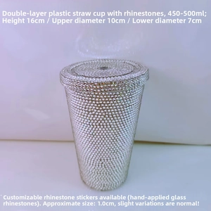 Detail view of large double-layer plastic straw cup with sparkling rhinestone exterior