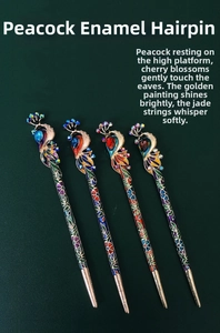 Detailed view of four vintage peacock hairpins with crystal inlay and enamel finish