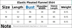 Size chart showing S, M, L dimensions for the stretch pleated poplin shirt details