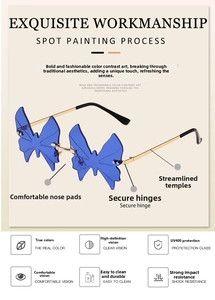 Detailed view of frameless butterfly wings sunglasses with UV400 protection coating