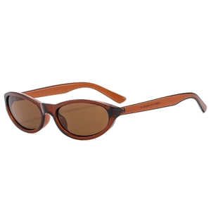 Retro small cat eye sunglasses with transparent brown frame and dark tinted lenses